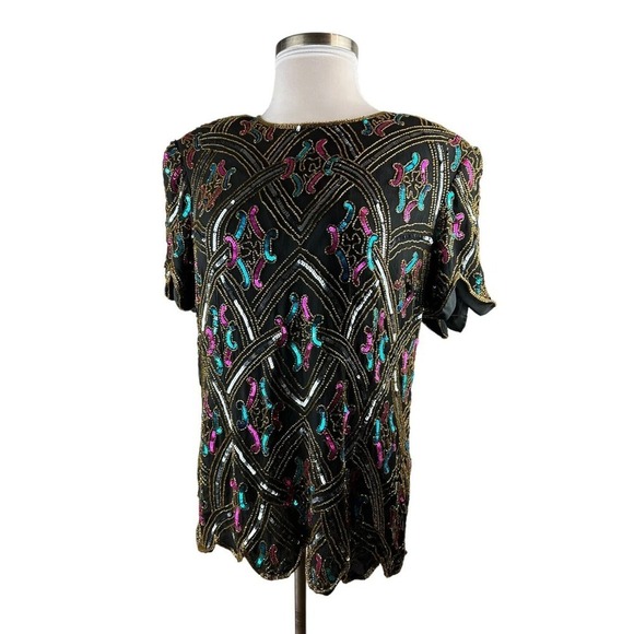 Vintage Papell Boutique Silk Sequin Beaded Embellished Top Black Plus Size 2X - Picture 10 of 12